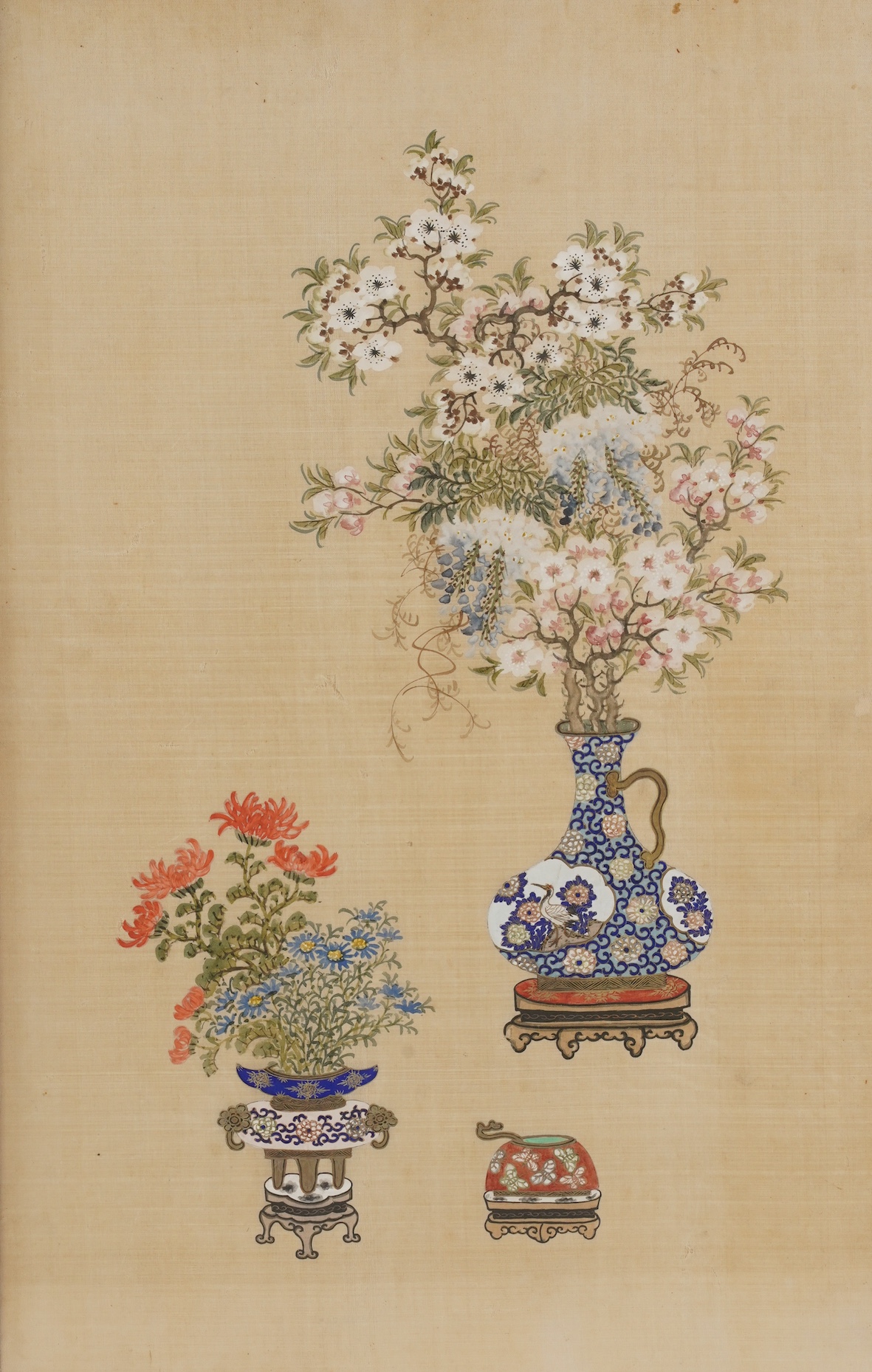 Chinese School , (Early 20th century), Antique vessels and flowers, Ink and colour on silk, 57cm x 36cm